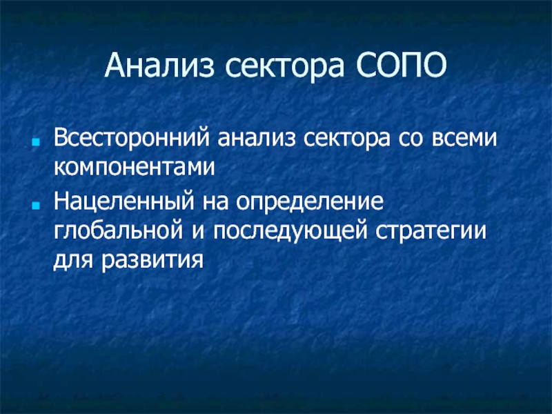 Анализ сектора СОПОВсесторонний анализ сектора со всеми компонентамиНацеленный на определение глобальной и последующей стратегии для развития
