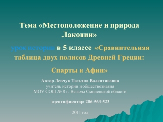 Тема Местоположение и природа Лаконии урок истории в 5 классе Сравнительная таблица двух полисов Древней Греции: Спарты и Афин