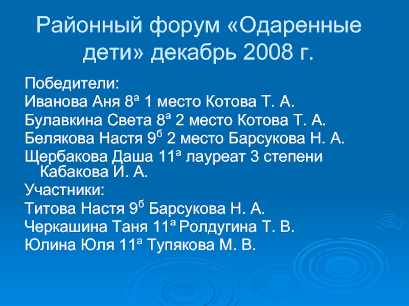 Районный форум «Одаренные дети» декабрь 2008 г.Победители:Иванова Аня 8а 1 место Котова Т. А.Булавкина Света
