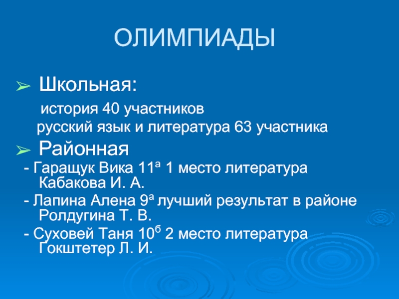 ОЛИМПИАДЫШкольная: история 40 участников русский язык и литература 63 участникаРайонная- Гаращук Вика 11а 1 место