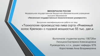 Технология производства пива сорта Ячменный колос Крепкое с годовой мощностью 55 тыс. дал