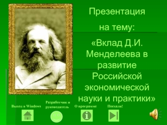 Презентация 
на тему: 
Вклад Д.И.Менделеева в развитие Российской экономической науки и практики