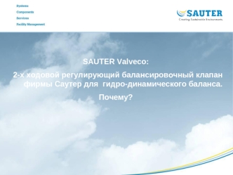 SAUTER Valveco:
2-х ходовой регулирующий балансировочный клапан фирмы Саутер для  гидро-динамического баланса. 
Почему?