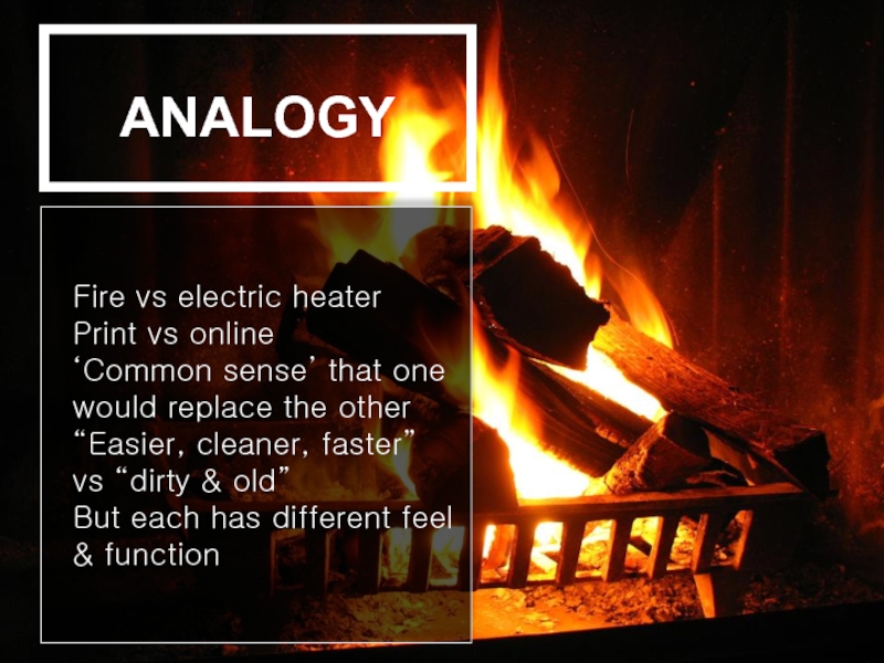 Fire vs electric heaterPrint vs online‘Common sense’ that one would replace the