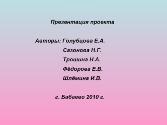 Презентация проекта

Авторы: Голубцова Е.А.
                  Сазонова Н.Г.
                  Трошина Н.А.
                  Фёдорова Е.В.
                  Шлёмина И.В.

             г. Бабаево 2010 г.