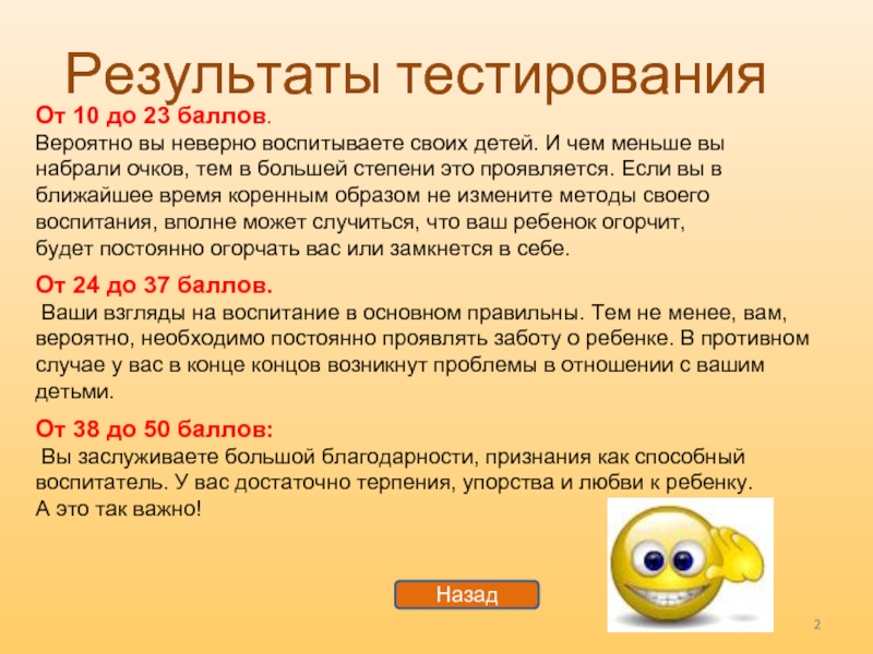 От 10 до 23 баллов.Вероятно вы неверно воспитываете своих детей. И чем меньше вы набрали
