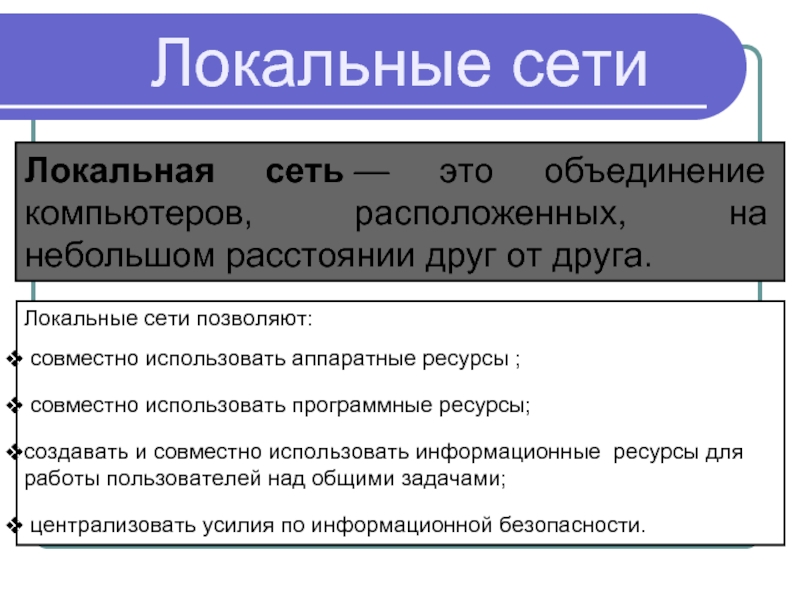 Объединение компьютеров на небольшом расстоянии. Локальные сети позволяют. Локальные сети позволяют совместно использовать. Локальные сети позволяют совместно использовать Аппаратные ресурсы. Локальные сети позволяют централизовать усилия по информационному.