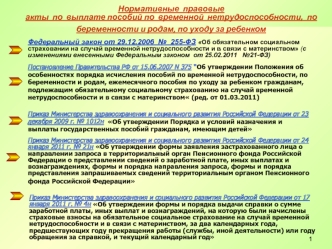 Нормативные правовые акты по выплате пособий по временной нетрудоспособности, по беременности и родам, по уходу за ребенком