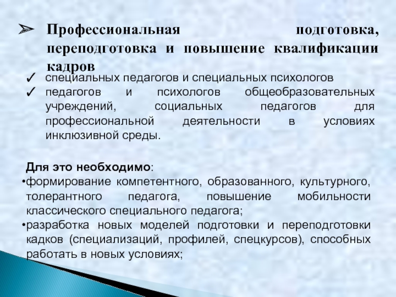 Профессиональная подготовка, переподготовка и повышение квалификации кадровспециальных педагогов и специальных психологовпедагогов и психологов общеобразовательных учреждений,