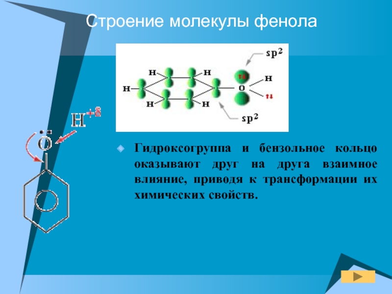 Строение молекулы фенола. Строение фенола. Строение гидроксогруппы. Влияние гидроксогруппы на бензольное кольцо.