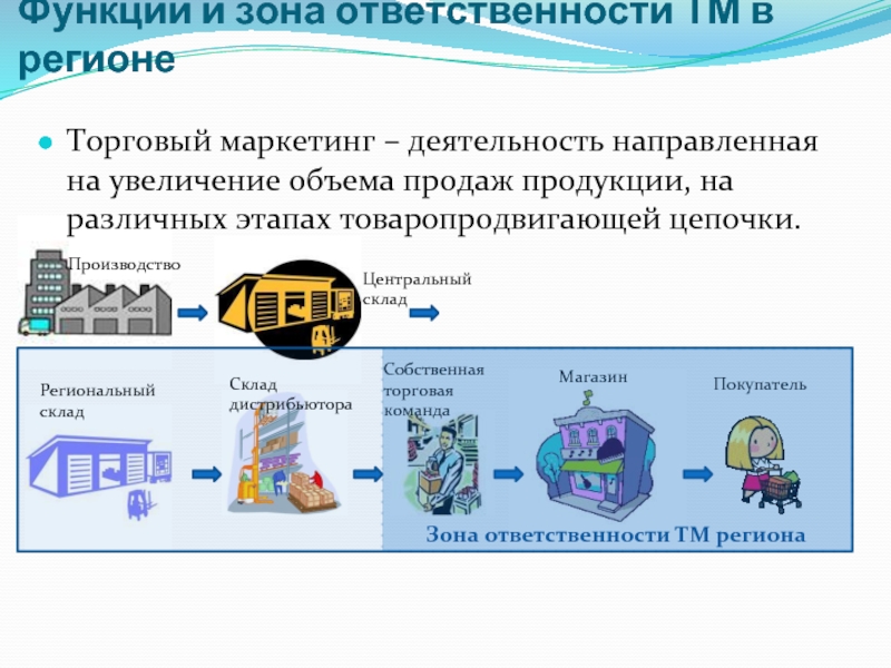 Торговый регион. Зоны ответственности маркетинга. Зона ответственности дистрибьютор. Цепочка маркетинговых активностей. Основные зоны ответственности у маркетолога в работе.