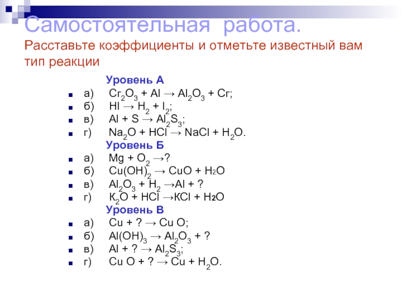 Завершите следующие химические реакции. Схемы уравнений химических реакций. Коэффициент и Тип химической реакции. Определить Тип химической реакции. Коэффициенты в схемах химических реакций.