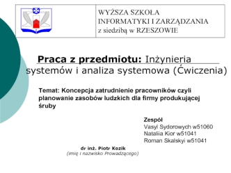 Koncepcja zatrudnienie pracowników czyli planowanie zasobów ludzkich dla firmy produkującej śruby