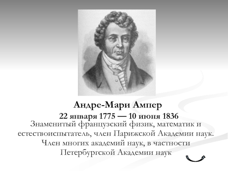 Известный французский физик 4. Андре Мари ампер (1775 - 1836) французский физик, математик, Химик. Андре-Мари ампер (22 января 1775 г. – 10 июня 1836 г.). Андре ампер. Андре Мари ампер изобретения.