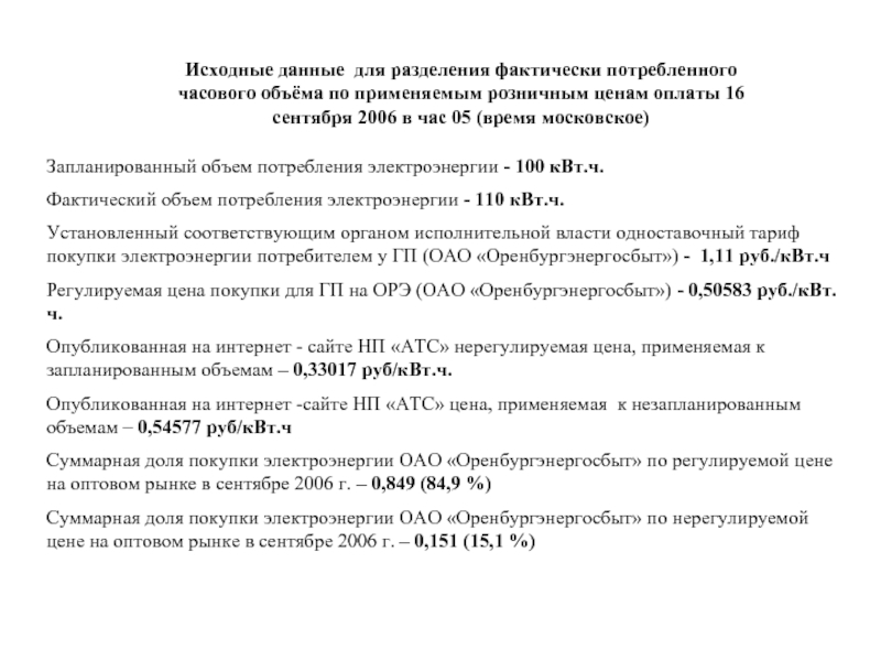 Исходные данные для разделения фактически потребленного часового объёма по применяемым розничным ценам оплаты 16 сентября