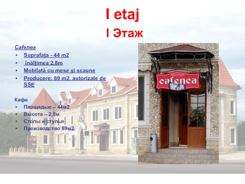 Cafenea Suprafaţa - 44 m2 înălţimea 2,8mMobilată cu mese şi scauneProducere: 89 m2, autorizate de