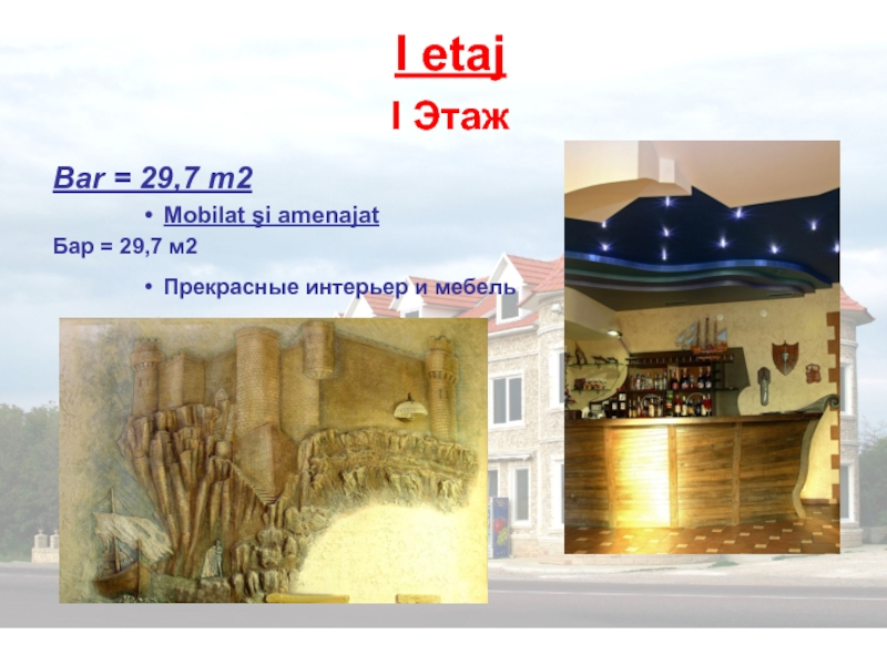 I etaj I Этаж Bar = 29,7 m2Mobilat şi amenajatБар = 29,7 м2Прекрасные интерьер