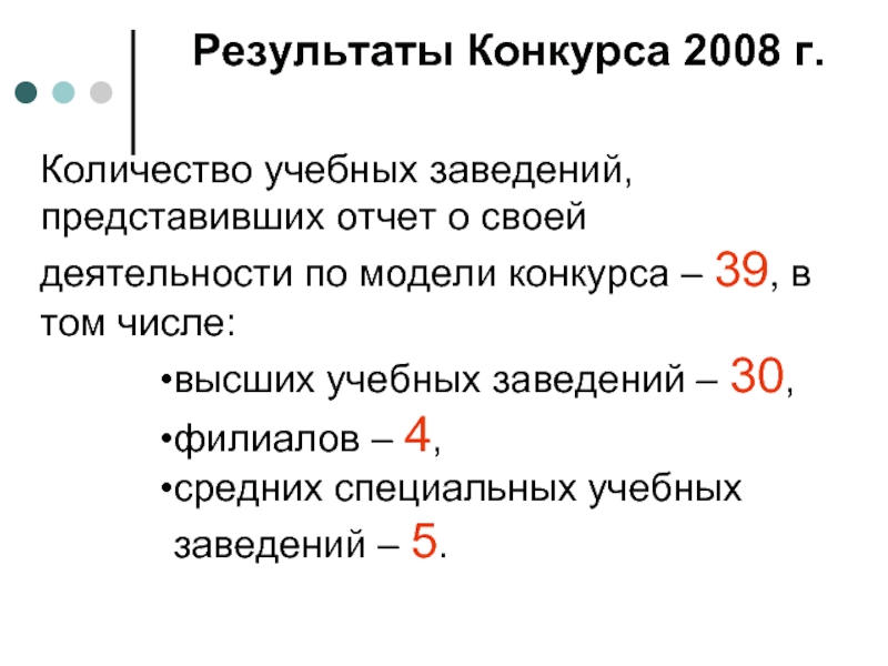Результаты Конкурса 2008 г.Количество учебных заведений, представивших отчет о своей деятельности
