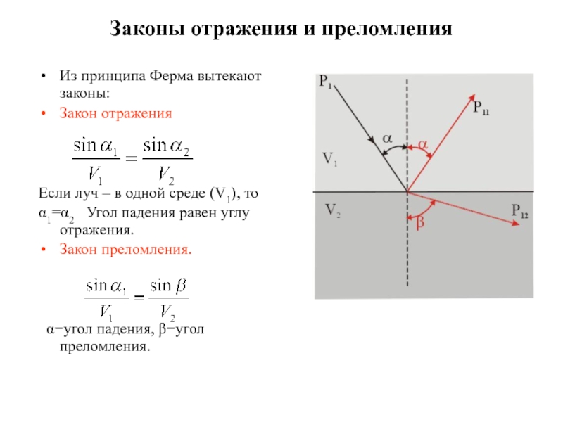 Луч света падает на поверхность. Принцип ферма и закон преломления света. Угол падения отражения и преломления. Принцип ферма преломление. Угол падения равен углу преломления.