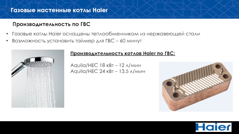 Производительность котлов Haier по ГВС: Aquila/HEC 18 кВт – 12 л/мин
