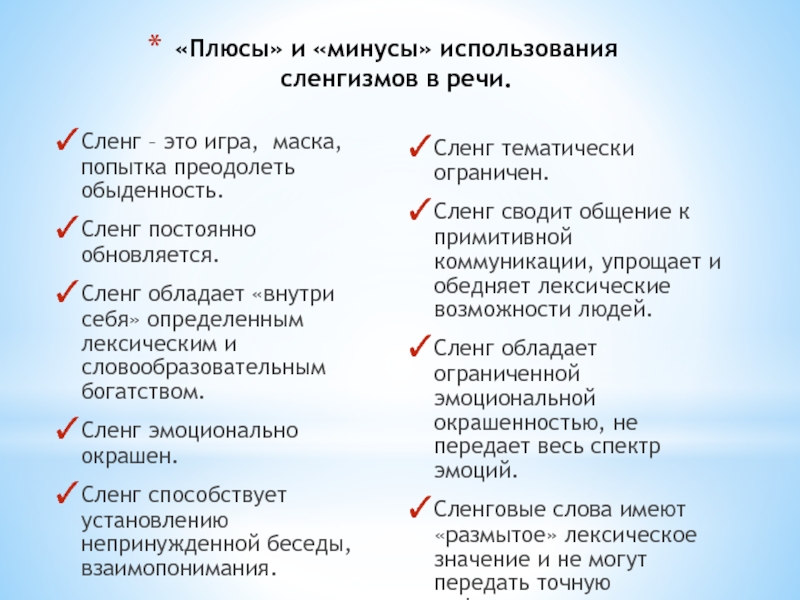 Молодежный сленг плюсы и минусы презентация