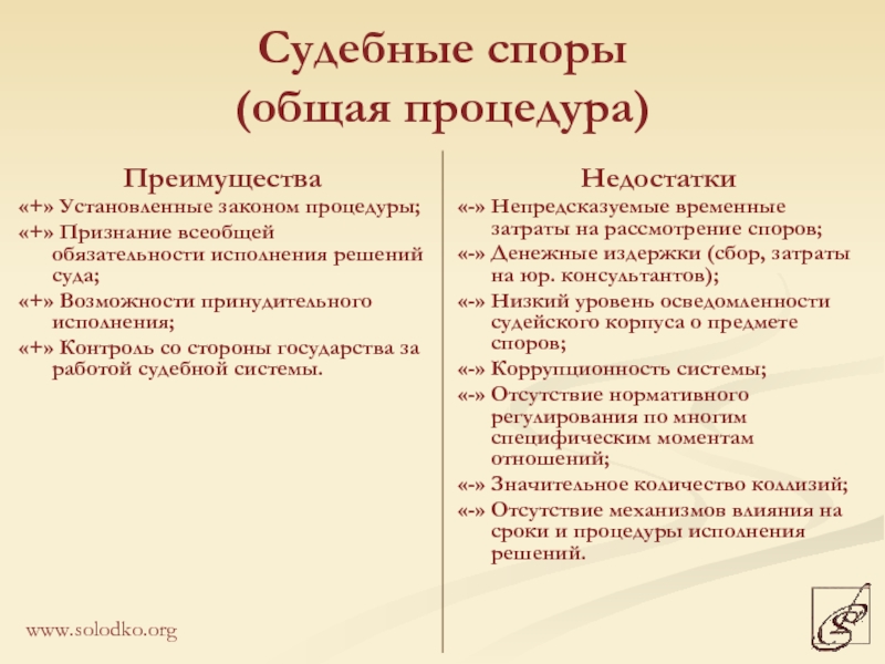 Судебное разрешение спора. Внесудебные способы разрешения споров. Судебные и внесудебные способы защиты прав. Плюсы и минусы судебной системы. Достоинства судебной системы.