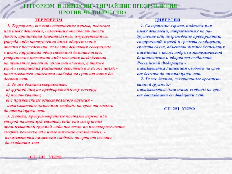 182 ук. Различие диверсии и террористического акта. Террористический акт диверсия. Диверсия и террористический акт отличия. Диверсия отграничение от террористического акта.