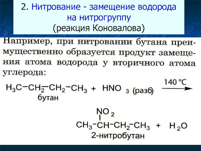 2. Нитрование - замещение водорода на нитрогруппу (реакция Коновалова)   CH4 + HNO3→CH3 - NO2 +