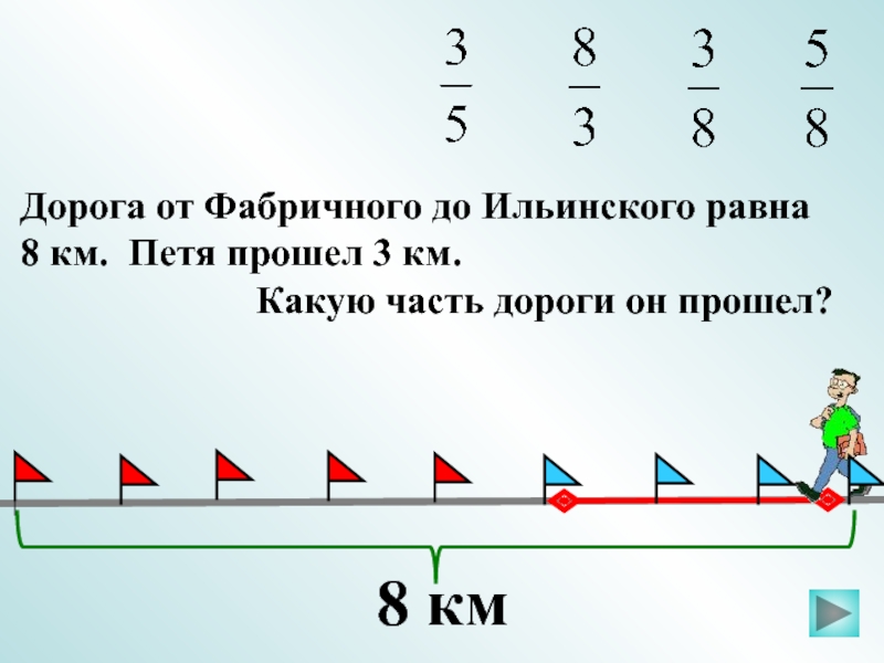 Пятая часть пути это сколько. 8 Км. 3,8 Км. Решение задачи дорога от фабричного до Ильинского и ТД.