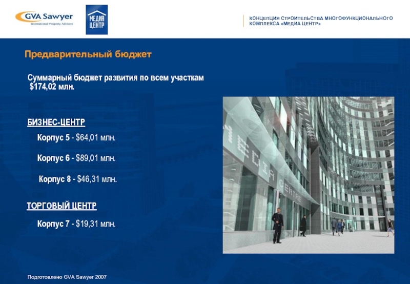 Предварительный бюджетКорпус 6 - $89,01 млн.Корпус 7 - $19,31 млн.Корпус 8 - $46,31 млн.БИЗНЕС-ЦЕНТРТОРГОВЫЙ ЦЕНТРСуммарный