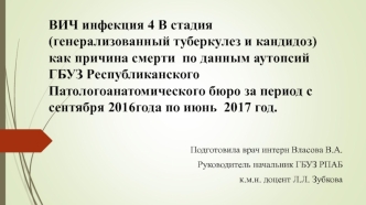 ВИЧ инфекция 4 В стадия (генерализованный туберкулез и кандидоз) как причина смерти по данным ГБУЗ (сентябрь 2016-июнь 2017)