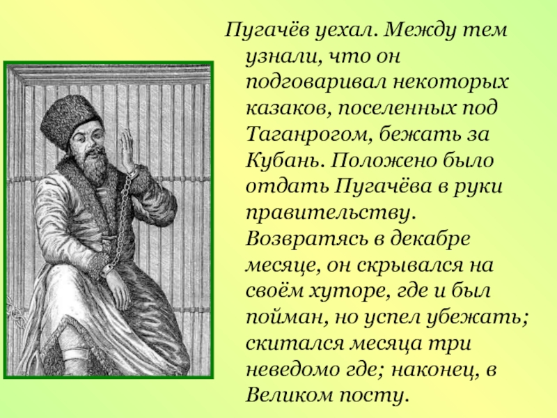 Описание портрета пугачева. Пугачев скрывается. Что хотел Емельян Пугачев. Пугачев в Киргизской шапке. Пугачев пойман.