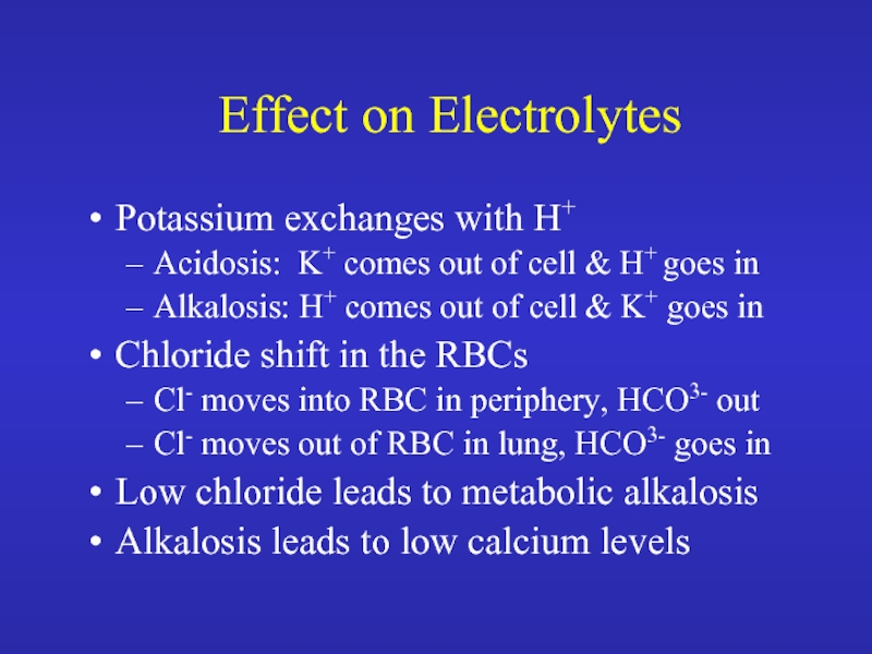 Potassium exchanges with H+ Acidosis: K+ comes out of cell & H+