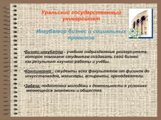 Уральский государственный университет

Инкубатор бизнес и социальных проектов