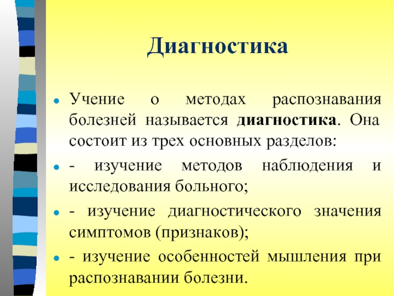 Диагноз название. Учение о методах. Признаки исследования. Диагностика название. Субъективное отношение к заболеванию.