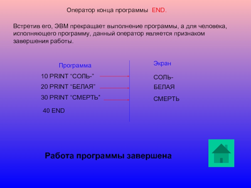 Конец программы. Оператор конца программы. Оператор окончания программы в Бейсике. Признак конца программы. Конец лператоровпрограмы.