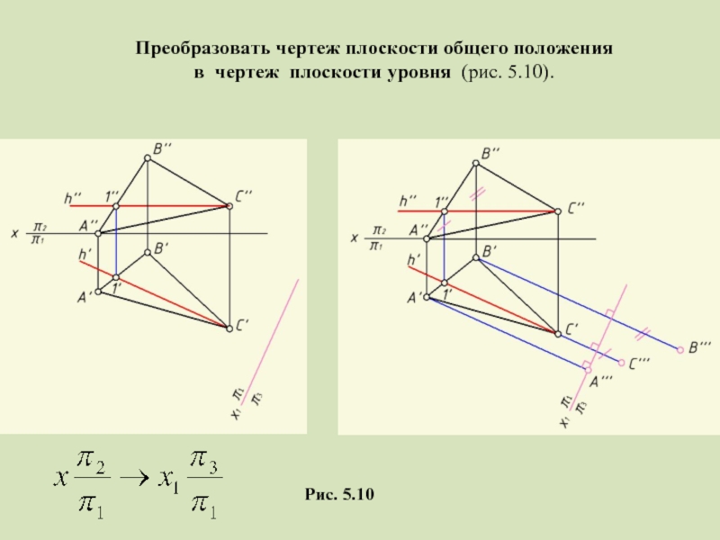 Плоскость общего положения чертеж. Комплексный чертеж плоскости общего положения. Чертеж плоскости общего положения. Преобразование плоскости общего положения в плоскость уровня. Плоскости уровня на чертеже.