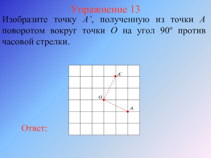 Упражнение 13Изобразите точку A’, полученную из точки A поворотом вокруг точки O