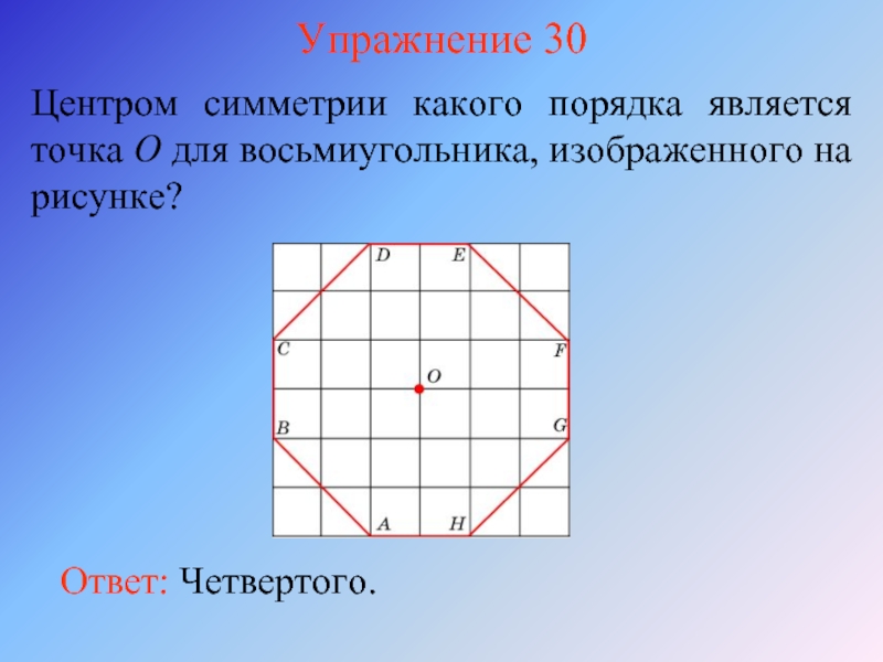 Упражнение 30Центром симметрии какого порядка является точка O для восьмиугольника, изображенного на рисунке?Ответ: Четвертого.