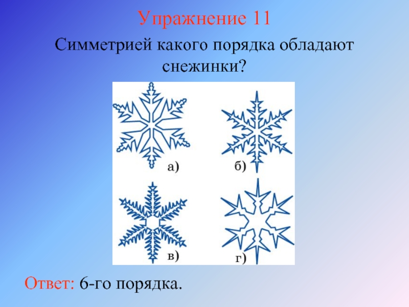 Упражнение 11Симметрией какого порядка обладают снежинки? Ответ: 6-го порядка.