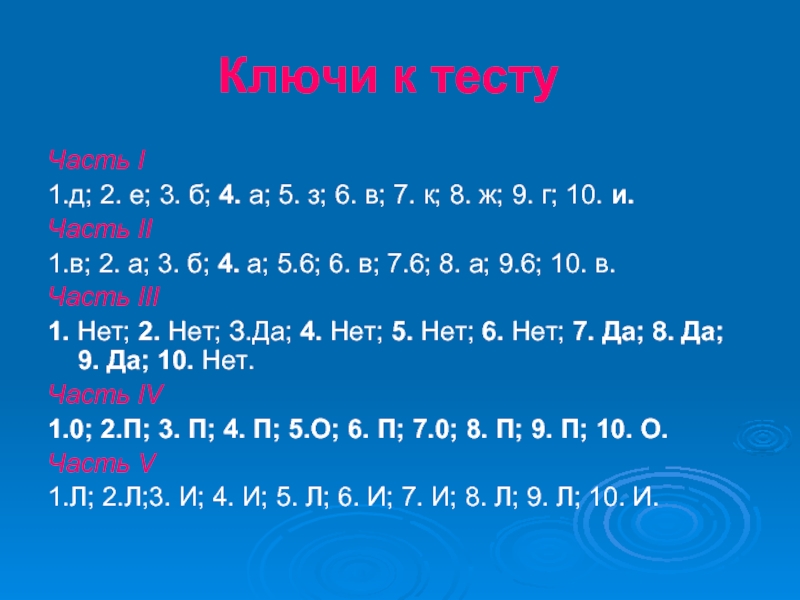 Ключи к тестуЧасть I1.д; 2. е; 3. б; 4. а; 5.