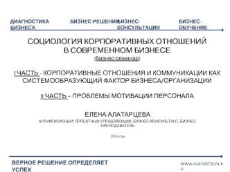 СОЦИОЛОГИЯ КОРПОРАТИВНЫХ ОТНОШЕНИЙ В СОВРЕМЕННОМ БИЗНЕСЕ(бизнес-семинар)I ЧАСТЬ - КОРПОРАТИВНЫЕ ОТНОШЕНИЯ И КОММУНИКАЦИИ КАК СИСТЕМООБРАЗУЮЩИЙ ФАКТОР БИЗНЕСА/ОРГАНИЗАЦИИ II ЧАСТЬ – ПРОБЛЕМЫ МОТИВАЦИИ ПЕРСОНАЛА