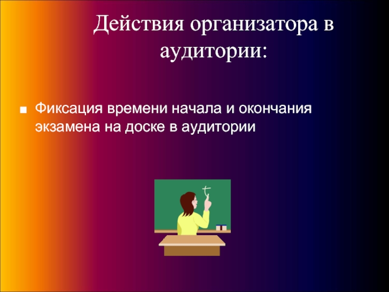 Действие организатора. Начало и окончание экзамена на доске. Фиксация времени. Начало и конец экзамена на доске.