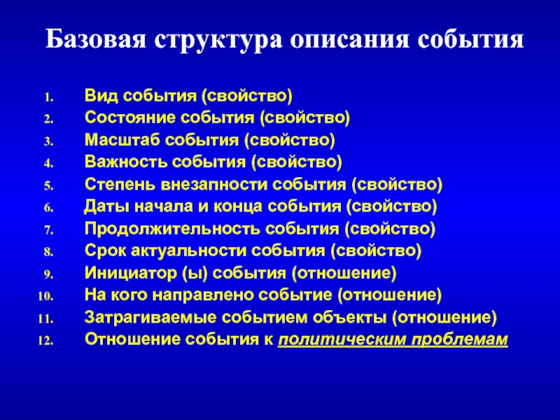 Характеристика события. Структура события. Структура мероприятия. Структура описания мероприятия. Описание события.