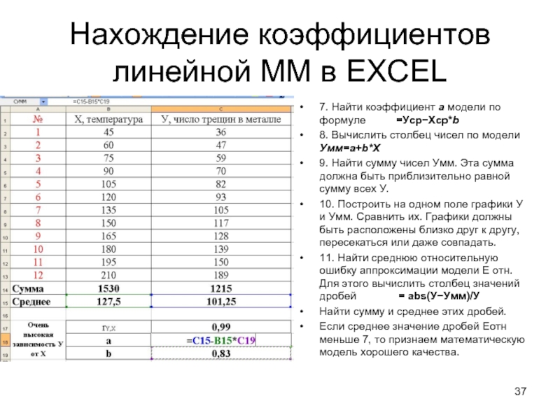 Нахождение коэффициентов линейной ММ в EXCEL 7. Найти коэффициент а модели по