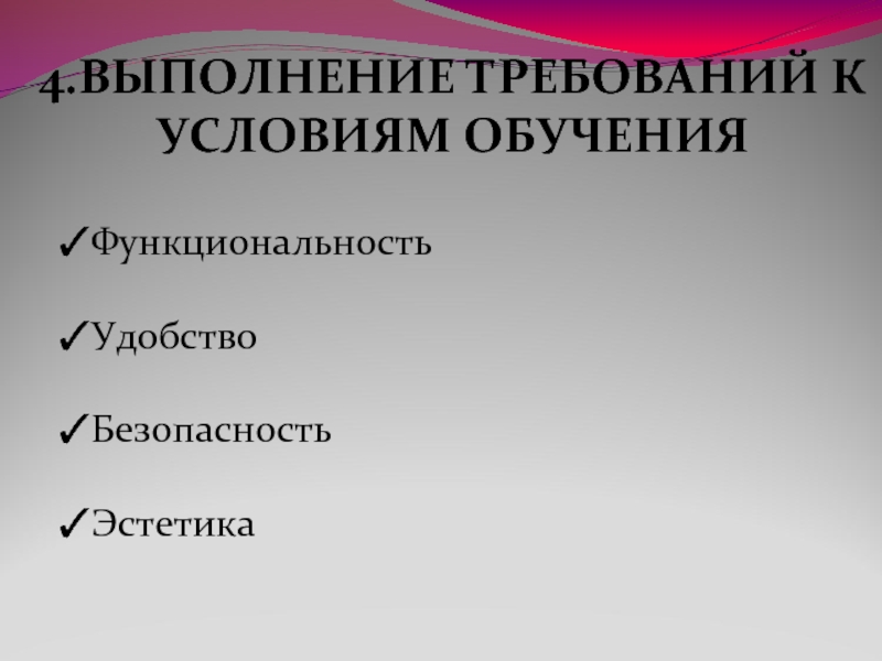 4.ВЫПОЛНЕНИЕ ТРЕБОВАНИЙ К УСЛОВИЯМ ОБУЧЕНИЯФункциональностьУдобствоБезопасность Эстетика