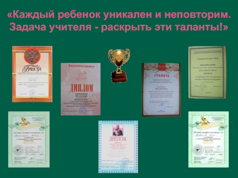 «Каждый ребенок уникален и неповторим.Задача учителя - раскрыть эти таланты!»