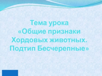 Тема урока Общие признаки Хордовых животных. Подтип Бесчерепные