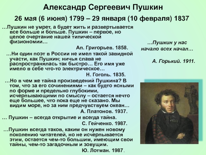 Отзывы пушкина 1. Пушкин Дата рождения.
