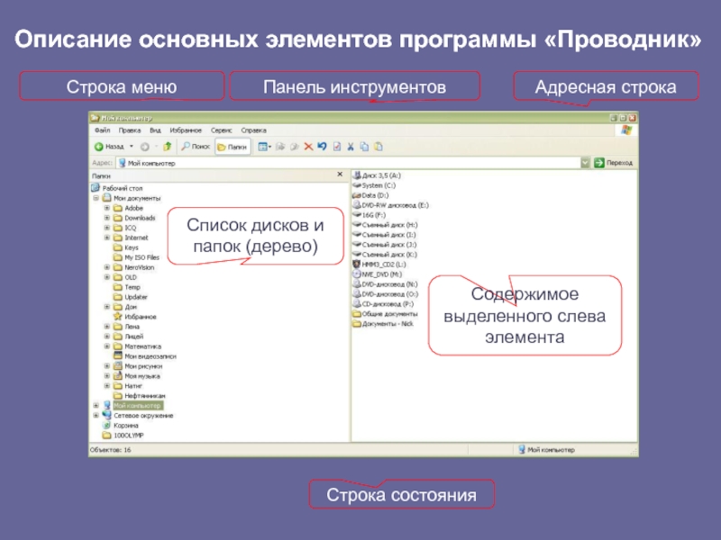 Описание основных. Элементы окна программы проводник. Строка состояния в проводнике. Описание элементов программы. Основные элементы программы проводник.